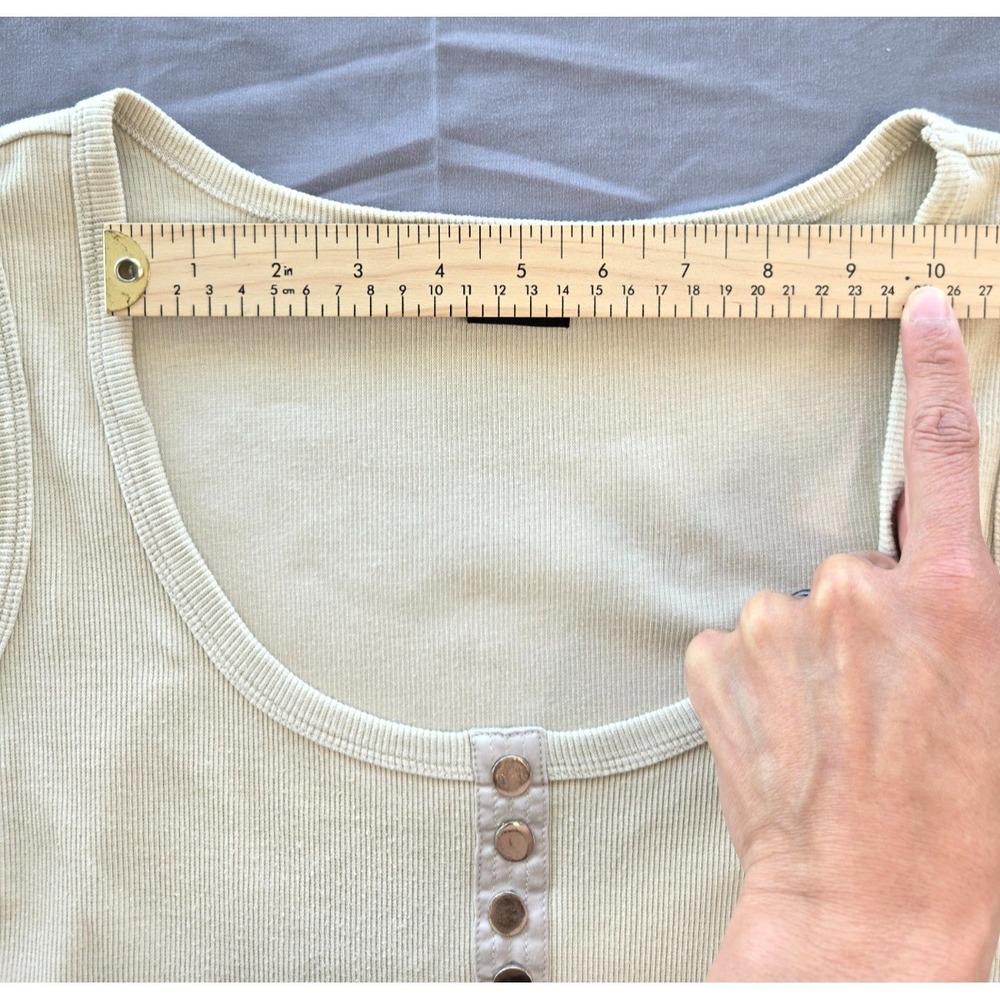 Tribal Lace Tank Top Ribbed Knit Henley Round Neck Pastel Yellow Beige Quiet Lux - Picture 7 of 16